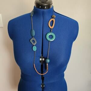 Artisan Boho Mixed Media 40" Long Necklace Asymmetrical Wood Resin Beads